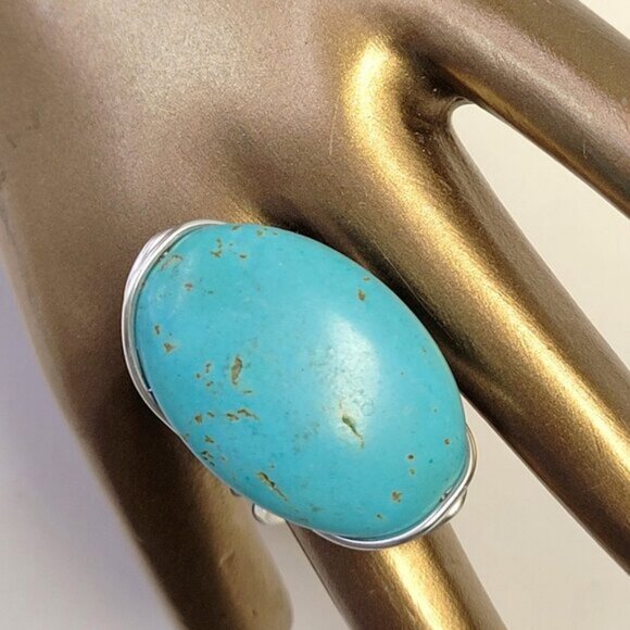 Turquoise Gemstone Ring Adjustable Stainless Steel Band, Handmade Turquoise Ring - Picture 2 of 10